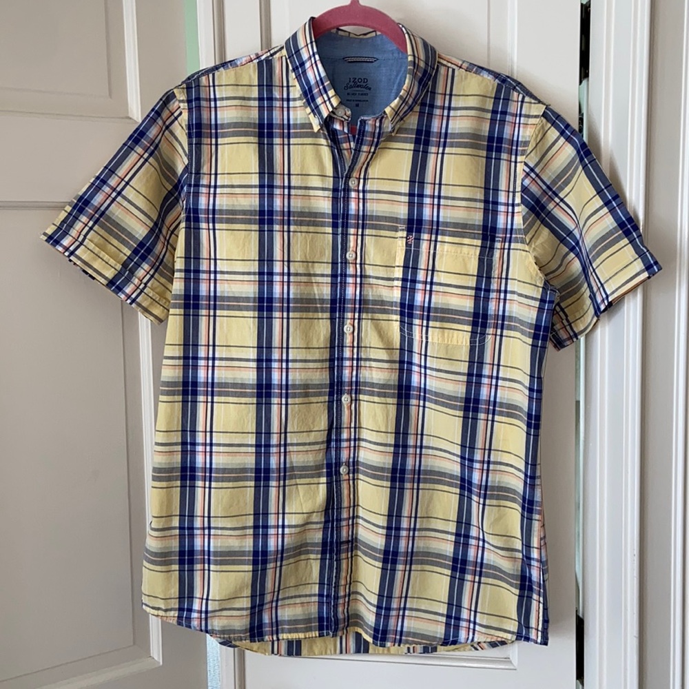 IZOD Relaxed Classics Yellow, Blue, Coral & White Plaid Shortsleeved Shirt